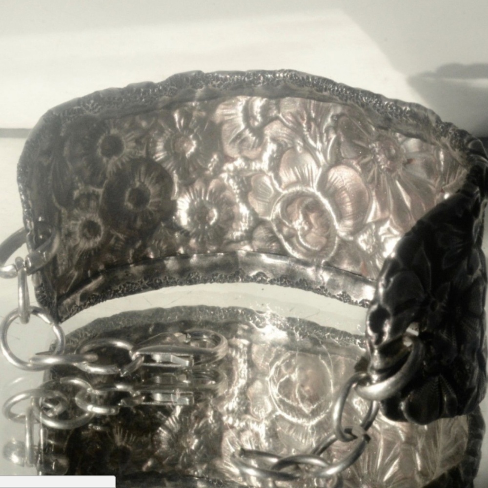 Antique Gorham Floral Sterling Silver Antique Cuff Bracelet Chain Repoussé 925 - Picture 4 of 6